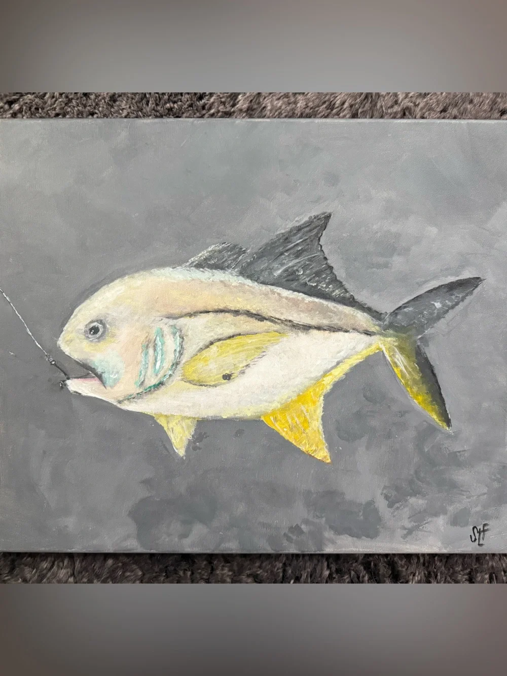 Hand-Painted Yellow & Gray Fish Canvas Artwork for Pets Fish Decor